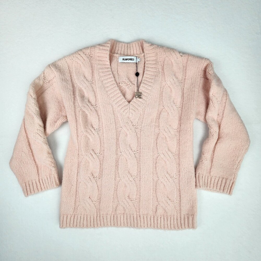 Rumored Oversized V Neck Cable Knit Sweater Size XS Pink New